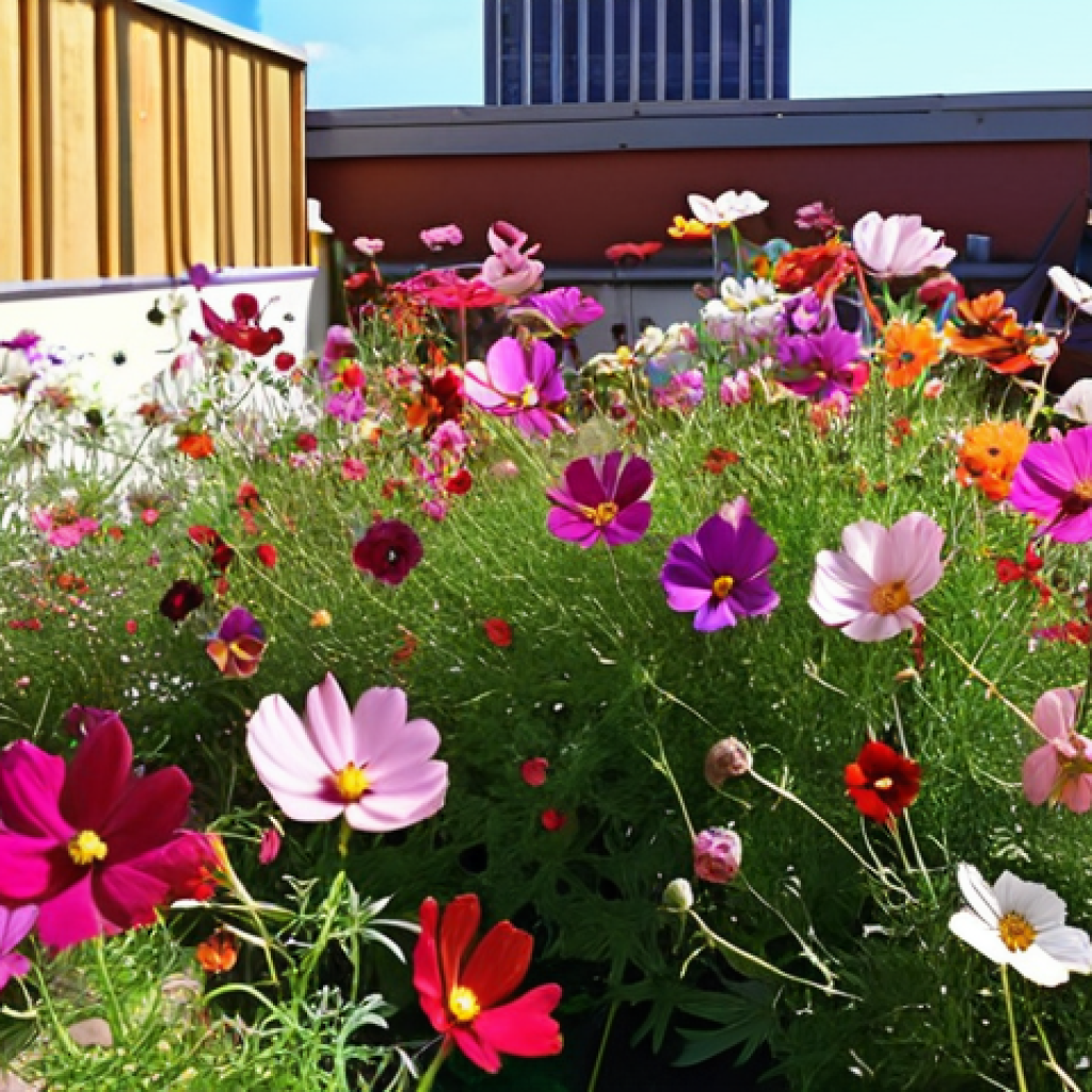 **A vibrant urban rooftop garden filled with cosmos flowers in various colors, bathed in sunlight, with a gentle breeze.** (Focus: Colorful cosmos flowers in a sunny, breezy urban garden environment)