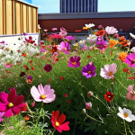**A vibrant urban rooftop garden filled with cosmos flowers in various colors, bathed in sunlight, with a gentle breeze.** (Focus: Colorful cosmos flowers in a sunny, breezy urban garden environment)