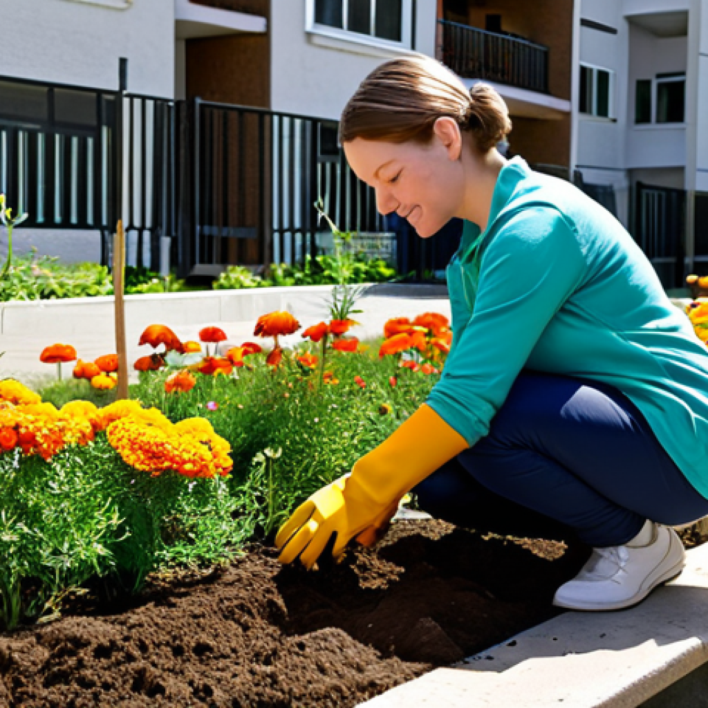 **
A vibrant urban garden scene. A woman is carefully planting wildflowers in a small patch of soil next to an apartment building. She is wearing modest clothing and gardening gloves. Colorful cosmos and marigolds are in bloom around her. The scene is bathed in warm sunlight. Perfect anatomy, correct proportions, natural pose, well-formed hands, proper finger count, natural body proportions. Safe for work, appropriate content, fully clothed, family-friendly.
**