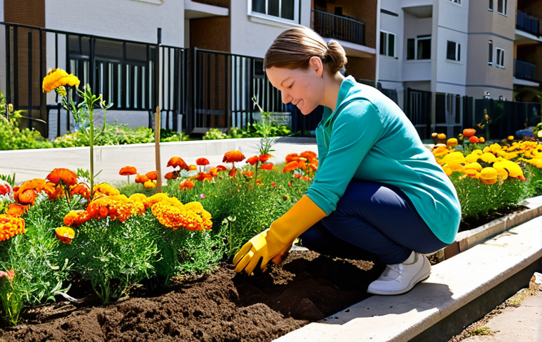 **

A vibrant urban garden scene. A woman is carefully planting wildflowers in a small patch of soil next to an apartment building. She is wearing modest clothing and gardening gloves. Colorful cosmos and marigolds are in bloom around her. The scene is bathed in warm sunlight. Perfect anatomy, correct proportions, natural pose, well-formed hands, proper finger count, natural body proportions. Safe for work, appropriate content, fully clothed, family-friendly.

**