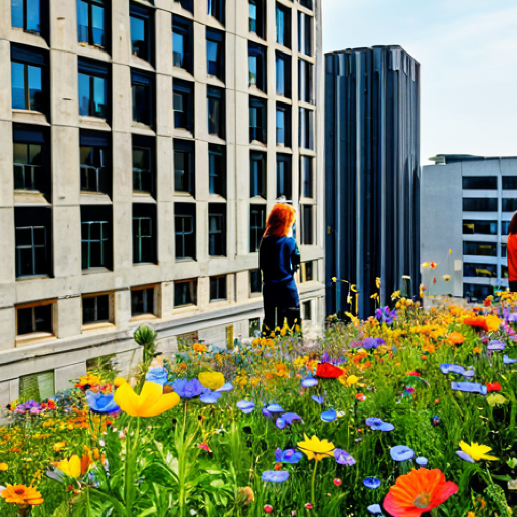 A vibrant collection of wildflowers blooming amidst concrete buildings in a city, fully clothed people enjoying the colorful scenery, safe for work, appropriate content, family-friendly, perfect anatomy, natural pose, high quality, professional photography.