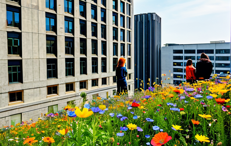 A vibrant collection of wildflowers blooming amidst concrete buildings in a city, fully clothed people enjoying the colorful scenery, safe for work, appropriate content, family-friendly, perfect anatomy, natural pose, high quality, professional photography.