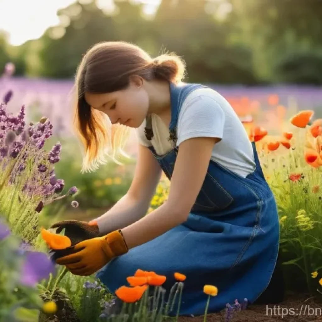 야생화 정원 유지 관리 팁 - **Prompt:** A young woman, in her early twenties, is gently kneeling amidst a vibrant, sun-drenched ...