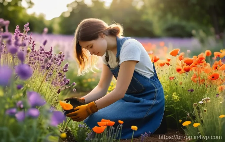 야생화 정원 유지 관리 팁 - **Prompt:** A young woman, in her early twenties, is gently kneeling amidst a vibrant, sun-drenched ...