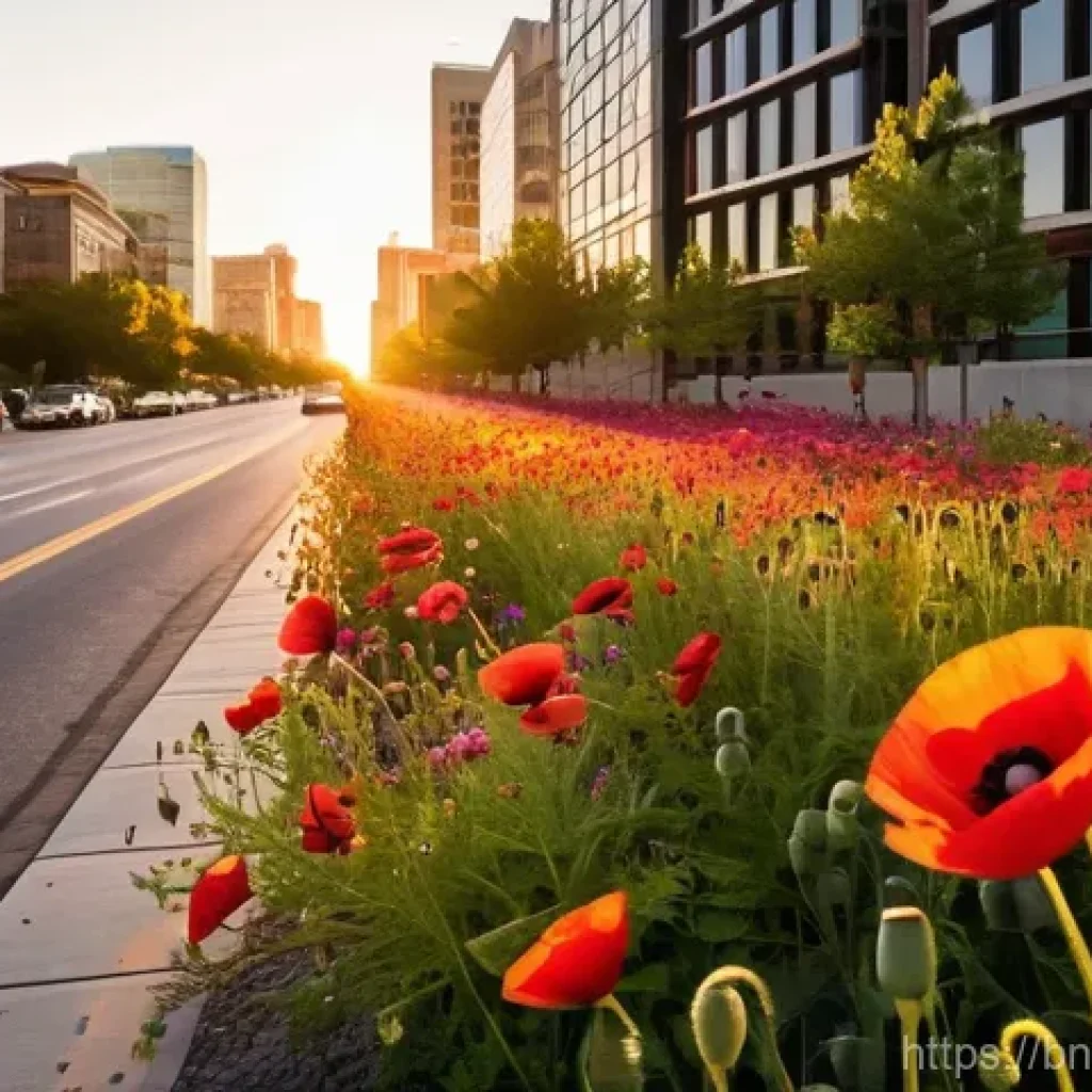 야생화 도시 공간 도입 사례 연구 - **Prompt:** A bustling urban cityscape at golden hour, where a wide median strip or a designated com...