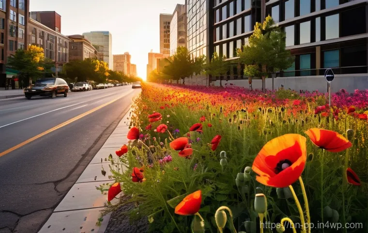 야생화 도시 공간 도입 사례 연구 - **Prompt:** A bustling urban cityscape at golden hour, where a wide median strip or a designated com...
