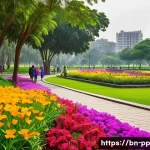 Home 20 도시 생태계와 야생화의 상호작용 - A vibrant urban park scene in Bangladesh featuring a diverse array of wildflowers in full bloom, wit...