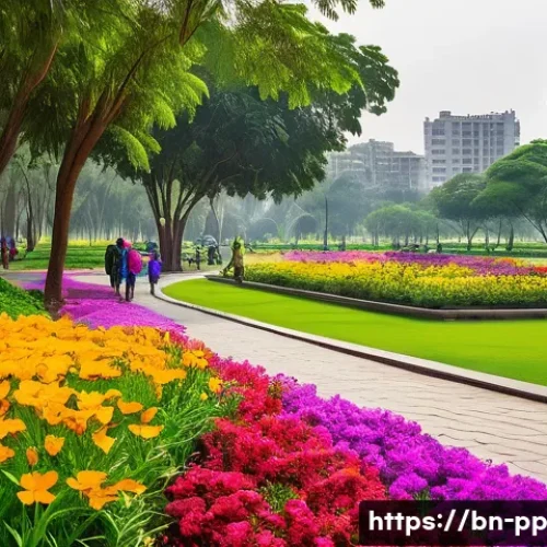Home 32 도시 생태계와 야생화의 상호작용 - A vibrant urban park scene in Bangladesh featuring a diverse array of wildflowers in full bloom, wit...