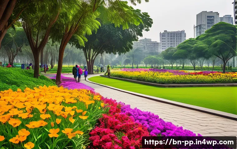 도시 생태계와 야생화의 상호작용 - A vibrant urban park scene in Bangladesh featuring a diverse array of wildflowers in full bloom, wit...