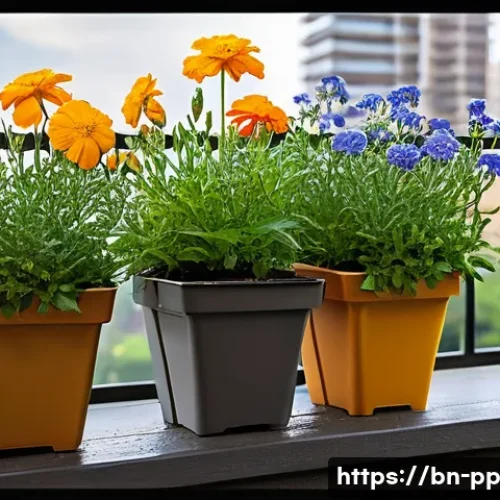 Home 31 도시 환경에서의 야생화 생장 촉진 방법 - A vibrant urban balcony garden scene featuring wildflowers such as snowflakes, marigolds, and bell f...