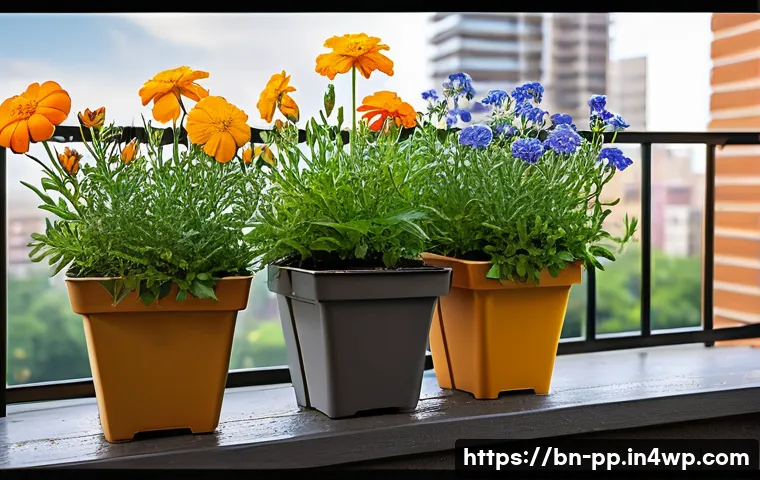 도시 환경에서의 야생화 생장 촉진 방법 - A vibrant urban balcony garden scene featuring wildflowers such as snowflakes, marigolds, and bell f...