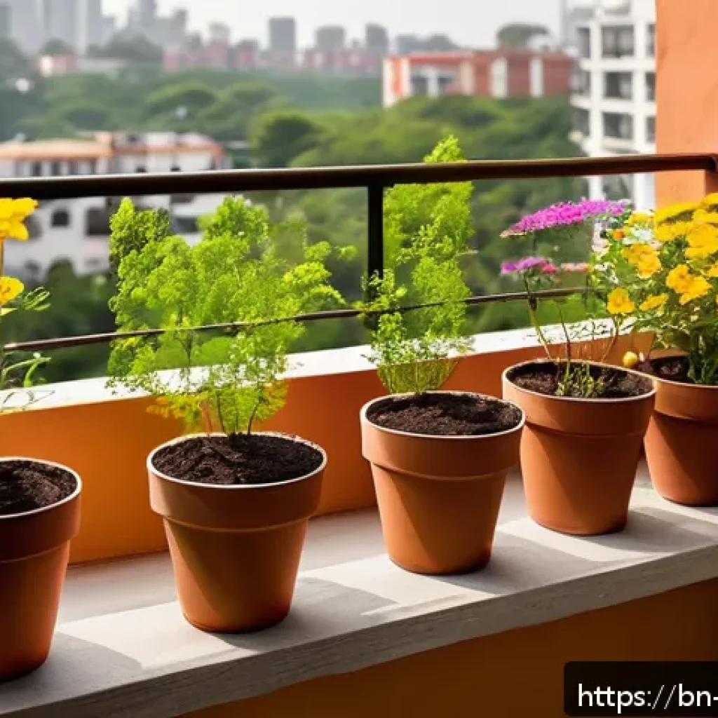 도시 환경에서의 야생화 관리 방법 - A cozy urban balcony garden scene in the early morning light, featuring wildflowers thriving in terr...