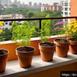 Home 18 도시 환경에서의 야생화 관리 방법 - A cozy urban balcony garden scene in the early morning light, featuring wildflowers thriving in terr...