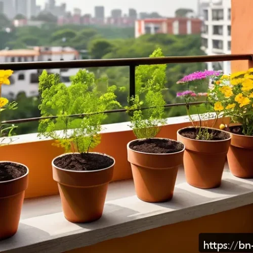 Home 30 도시 환경에서의 야생화 관리 방법 - A cozy urban balcony garden scene in the early morning light, featuring wildflowers thriving in terr...