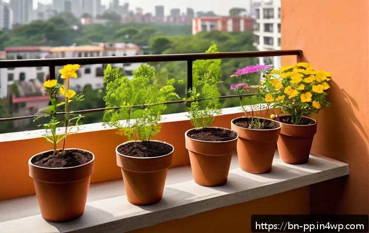 도시 환경에서의 야생화 관리 방법 - A cozy urban balcony garden scene in the early morning light, featuring wildflowers thriving in terr...