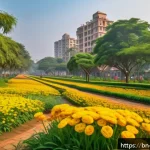 Home 23 도시 내 야생화 심기를 위한 자원 확보 방법 - A vibrant urban park scene in Bangladesh during spring, featuring a colorful wildflower garden with ...