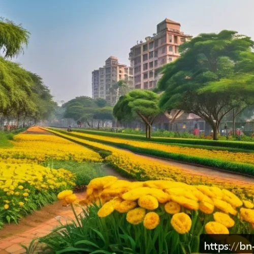 Home 17 도시 내 야생화 심기를 위한 자원 확보 방법 - A vibrant urban park scene in Bangladesh during spring, featuring a colorful wildflower garden with ...