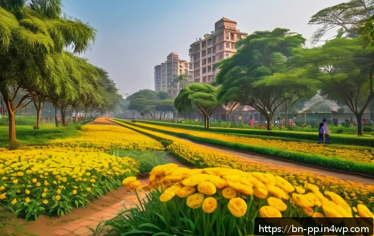 도시 내 야생화 심기를 위한 자원 확보 방법 - A vibrant urban park scene in Bangladesh during spring, featuring a colorful wildflower garden with ...