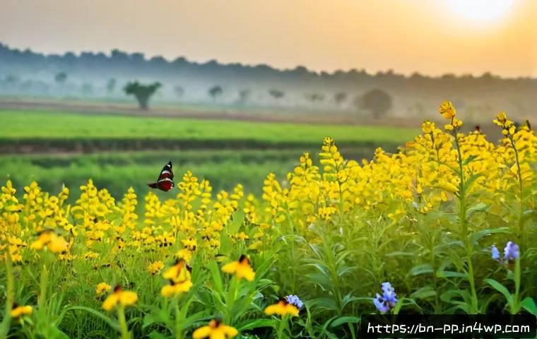 Home 17 야생화 식물의 생태적 이점 - Photorealistic close-up of native wildflowers blooming along the edge of a lush Bengal countryside f...