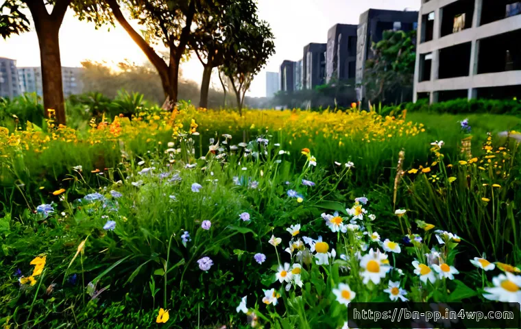 야생화 식물의 생태적 가치와 도시 적용 - Photorealistic urban wildflower meadow beside a modern Bangladeshi city park walkway, native yellow,...