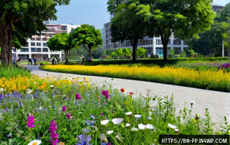 야생화로 도시 미관 개선하기 - Photorealistic urban streetscape transformed by a vibrant native wildflower meadow along a clean ped...